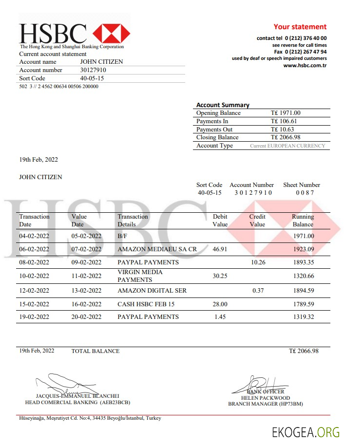 Relevé bancaire HSBC Turquie